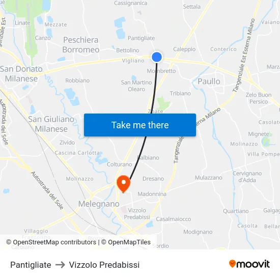Pantigliate to Vizzolo Predabissi map