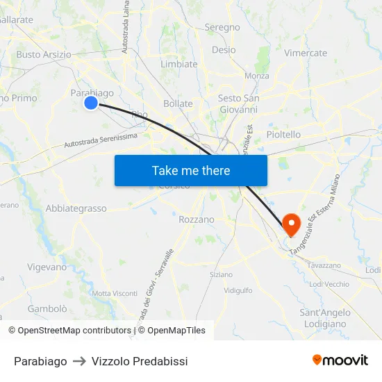 Parabiago to Vizzolo Predabissi map