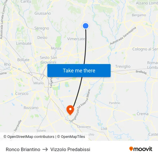 Ronco Briantino to Vizzolo Predabissi map