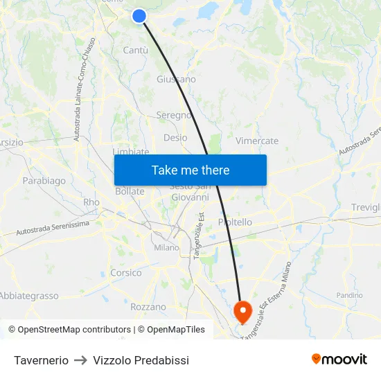 Tavernerio to Vizzolo Predabissi map