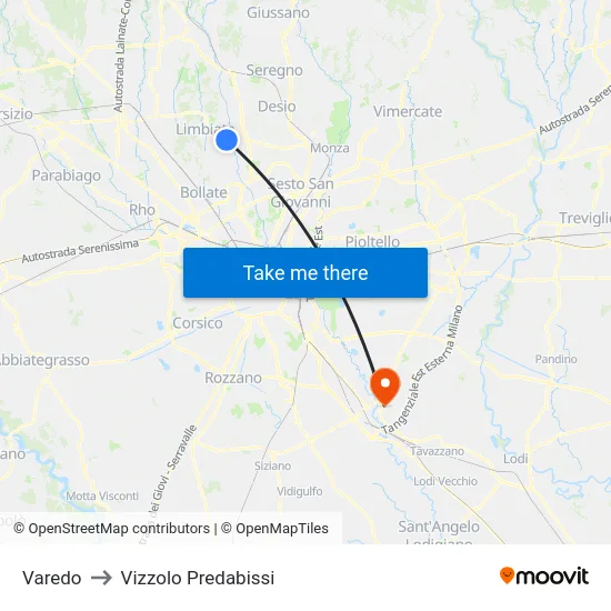 Varedo to Vizzolo Predabissi map