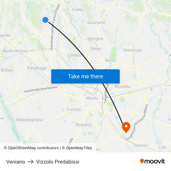 Veniano to Vizzolo Predabissi map
