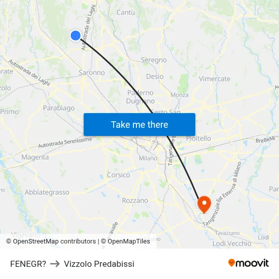 Fenegro to Vizzolo Predabissi map