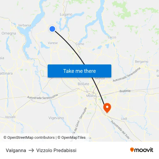 Valganna to Vizzolo Predabissi map