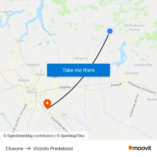 Clusone to Vizzolo Predabissi map