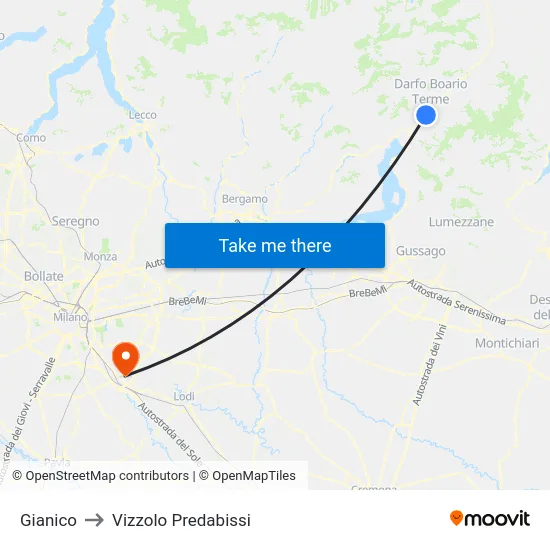 Gianico to Vizzolo Predabissi map
