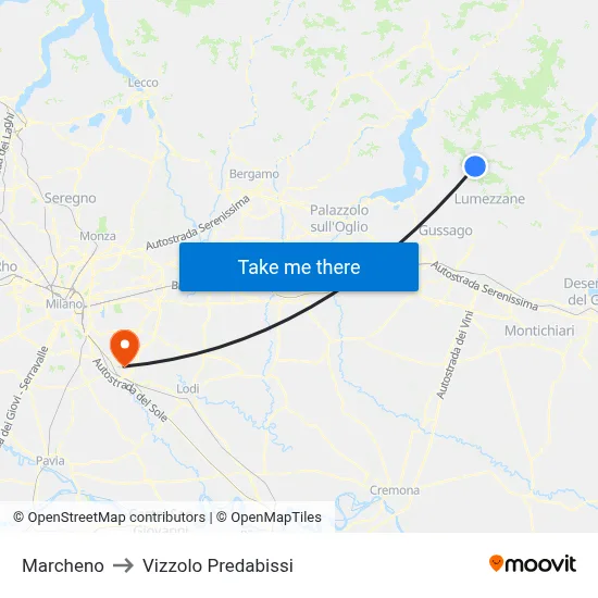 Marcheno to Vizzolo Predabissi map