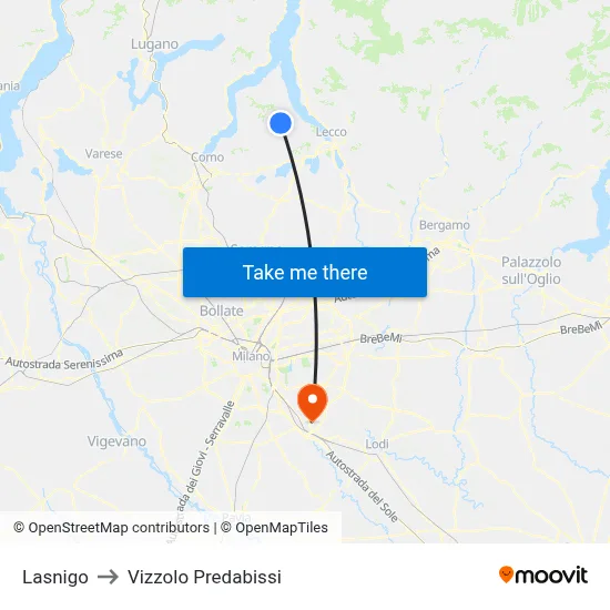 Lasnigo to Vizzolo Predabissi map