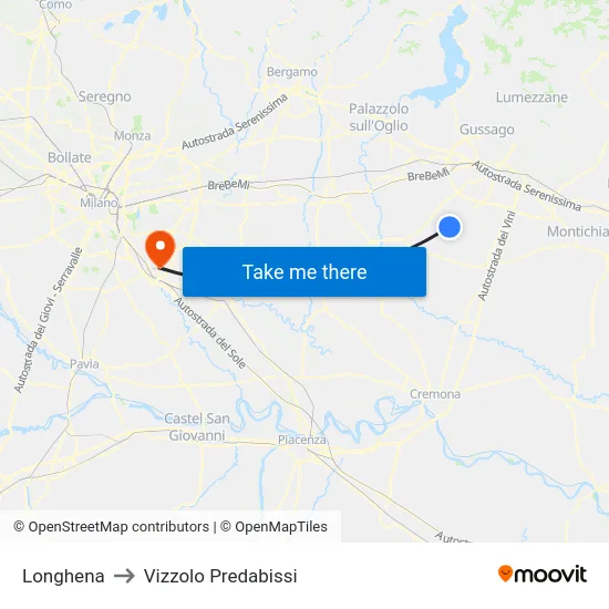 Longhena to Vizzolo Predabissi map