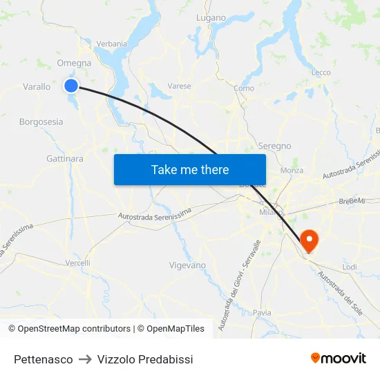 Pettenasco to Vizzolo Predabissi map