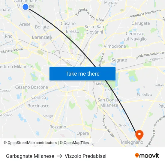 Garbagnate Milanese to Vizzolo Predabissi map
