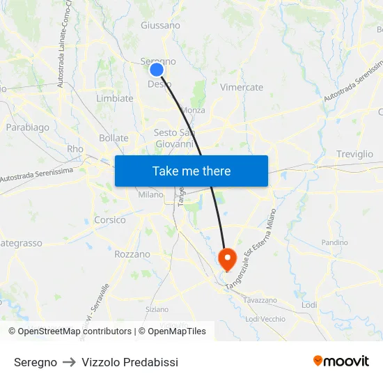 Seregno to Vizzolo Predabissi map