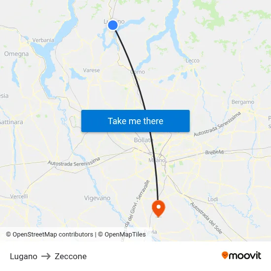 Lugano to Zeccone map