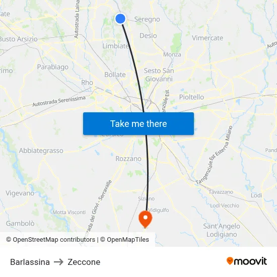 Barlassina to Zeccone map