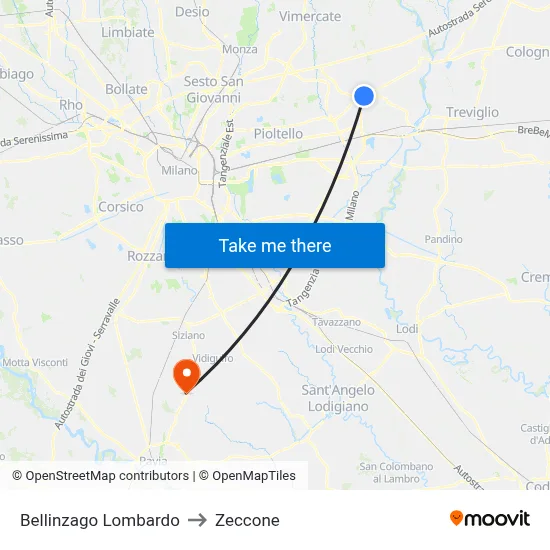 Bellinzago Lombardo to Zeccone map