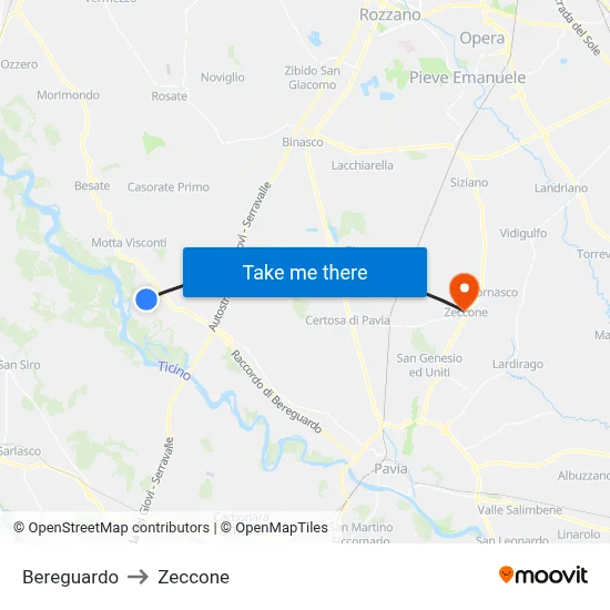 Bereguardo to Zeccone map