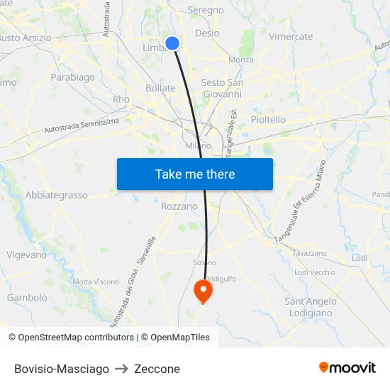 Bovisio-Masciago to Zeccone map