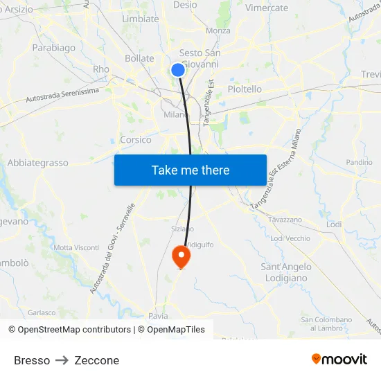 Bresso to Zeccone map