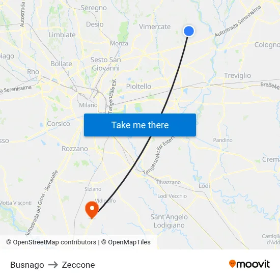 Busnago to Zeccone map