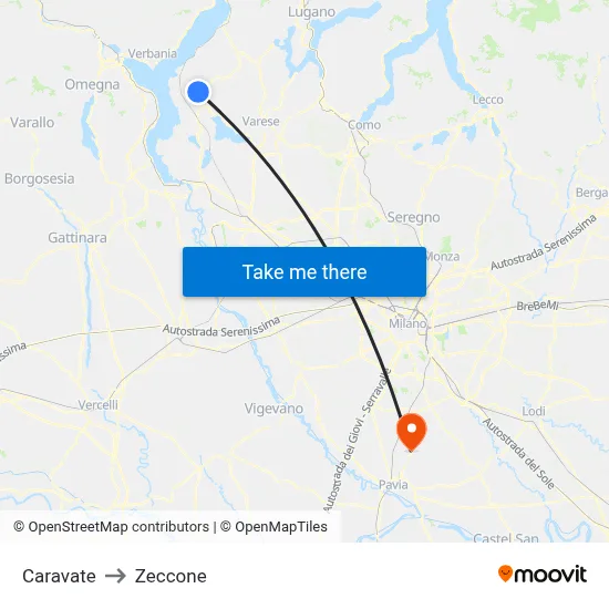 Caravate to Zeccone map