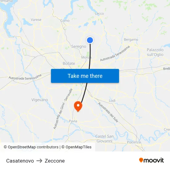 Casatenovo to Zeccone map