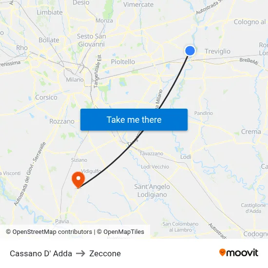 Cassano D' Adda to Zeccone map