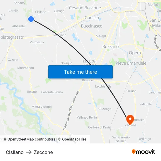 Cisliano to Zeccone map