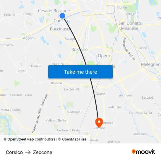 Corsico to Zeccone map