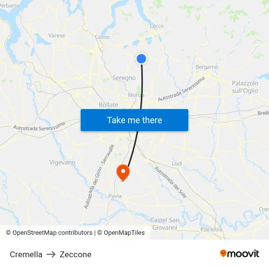 Cremella to Zeccone map