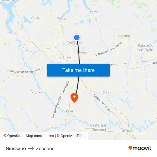 Giussano to Zeccone map