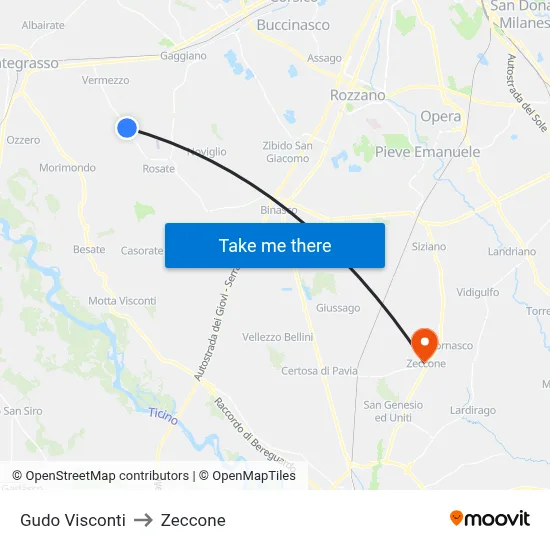 Gudo Visconti to Zeccone map