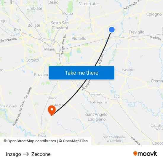 Inzago to Zeccone map