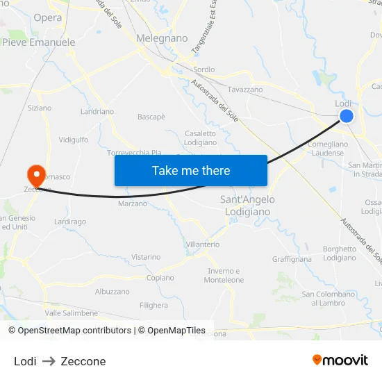 Lodi to Zeccone map