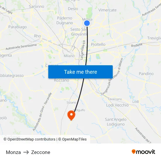 Monza to Zeccone map