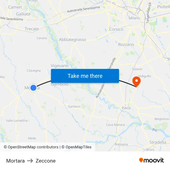 Mortara to Zeccone map