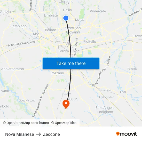 Nova Milanese to Zeccone map