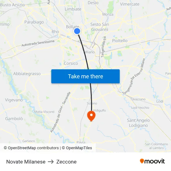 Novate Milanese to Zeccone map