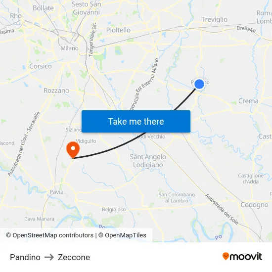 Pandino to Zeccone map