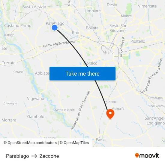 Parabiago to Zeccone map