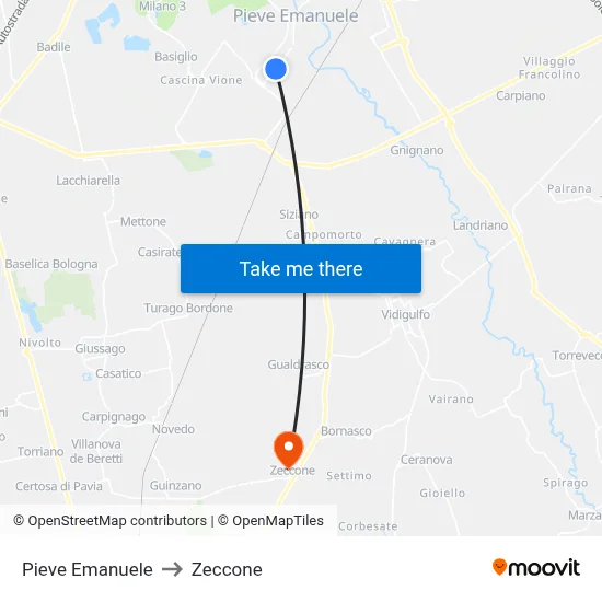 Pieve Emanuele to Zeccone map