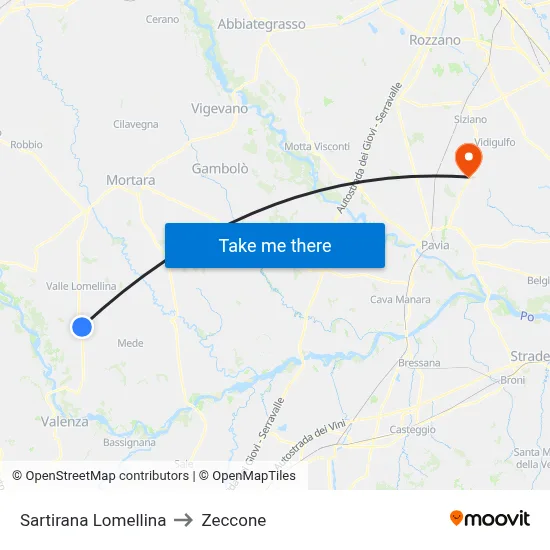 Sartirana Lomellina to Zeccone map