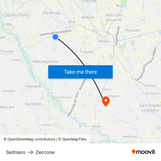 Sedriano to Zeccone map