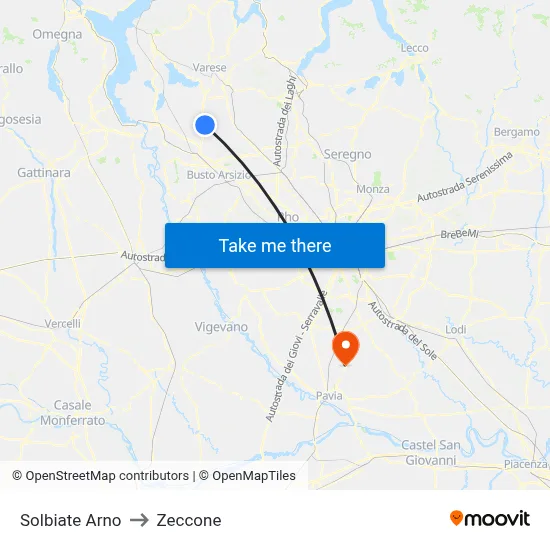 Solbiate Arno to Zeccone map