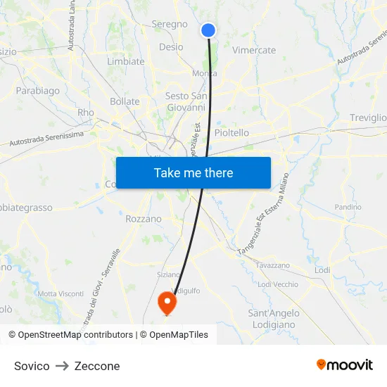Sovico to Zeccone map