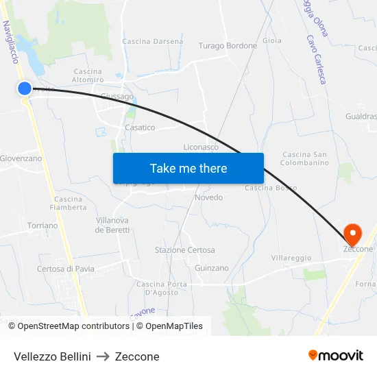 Vellezzo Bellini to Zeccone map