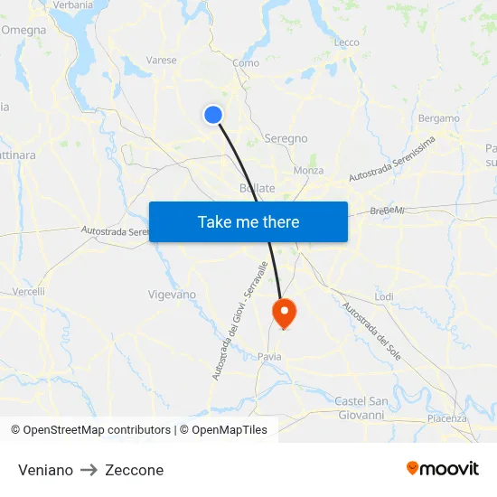 Veniano to Zeccone map