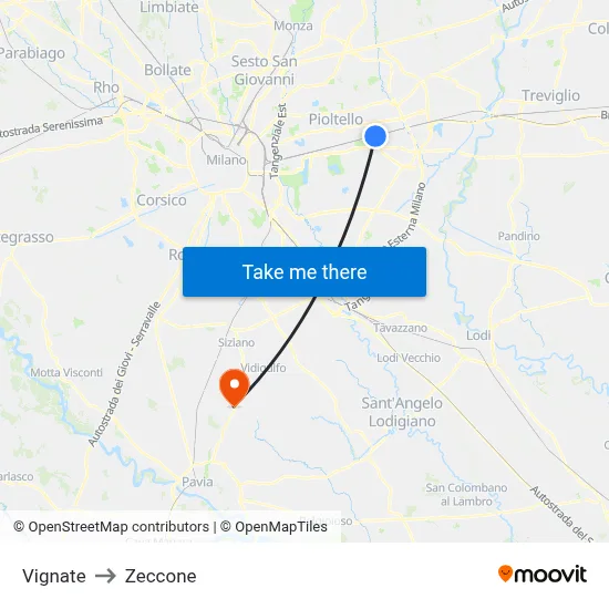 Vignate to Zeccone map