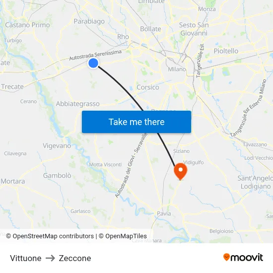 Vittuone to Zeccone map