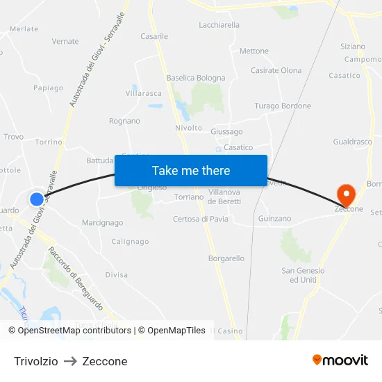 Trivolzio to Zeccone map