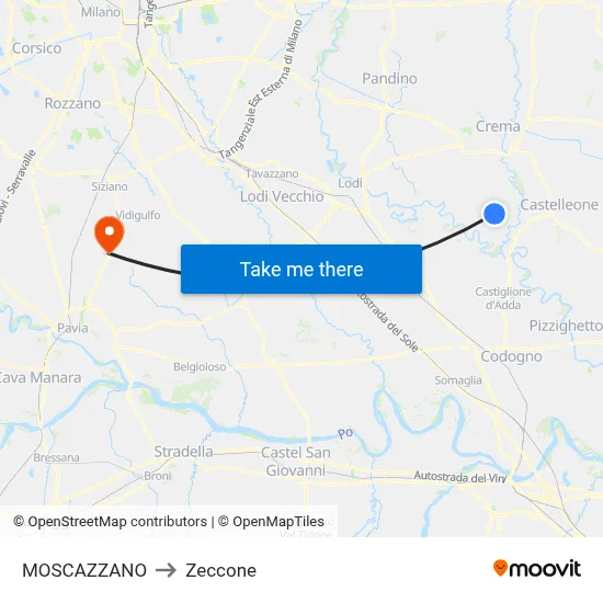 Moscazzano to Zeccone map